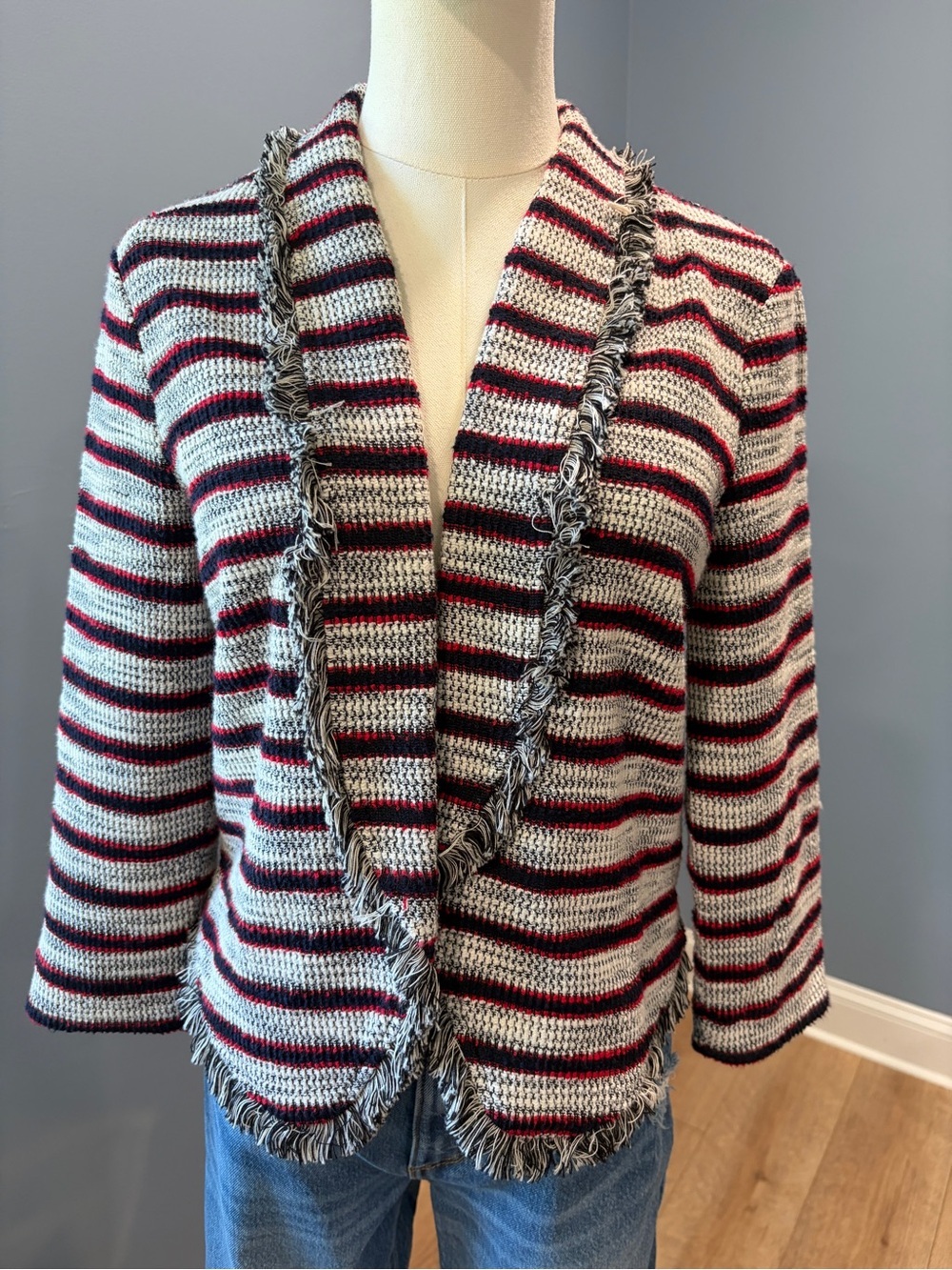 Express Striped Fringe Trim Open Front Jacket Small Boho Western